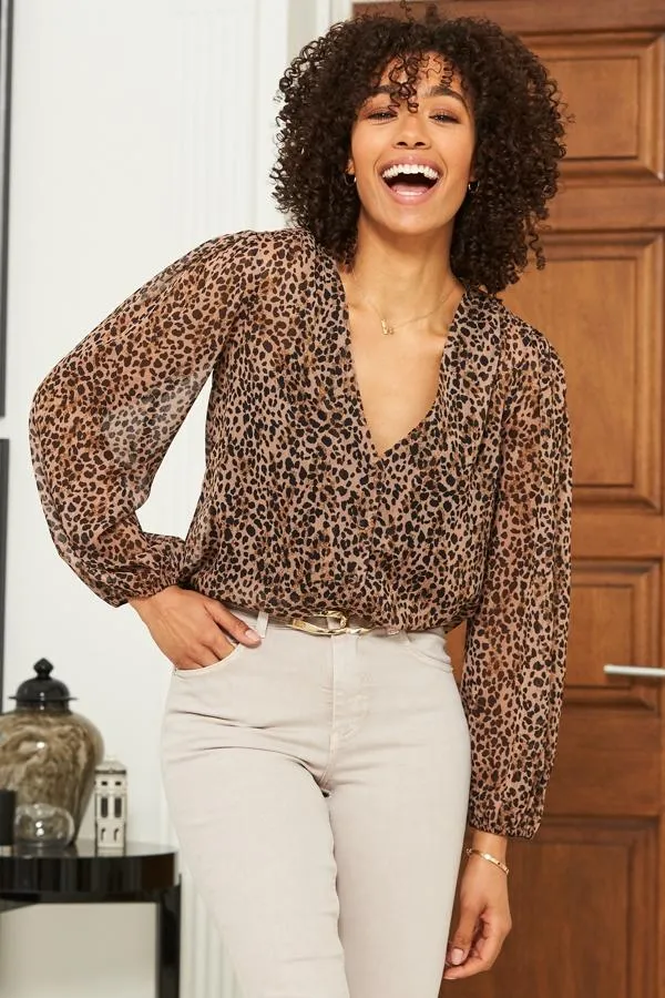 Sosandar Tops Women Leopard Print Button Front Sheer Sleeve Blouse