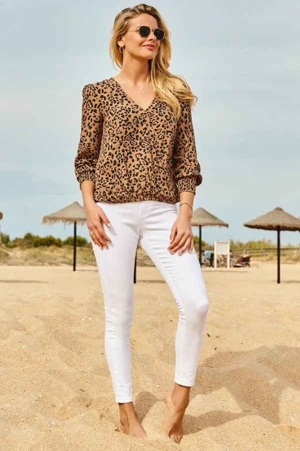 Sosandar Tops Women Leopard Print Shirred Sleeve Summer Blouse