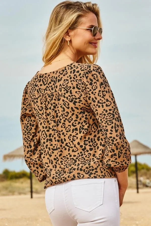 Sosandar Tops Women Leopard Print Shirred Sleeve Summer Blouse