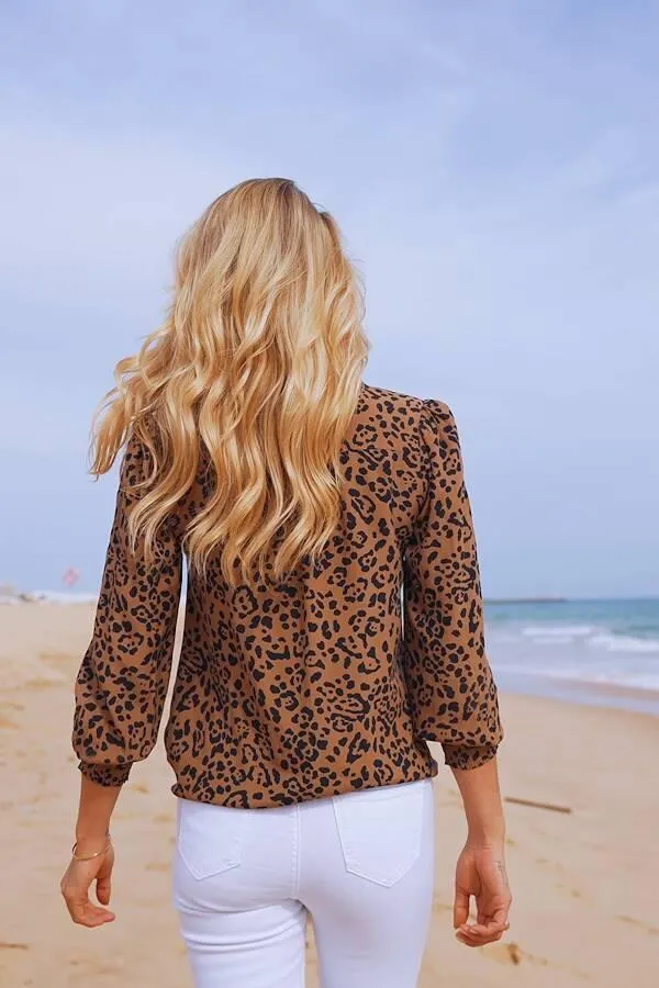 Sosandar Tops Women Leopard Print Shirred Sleeve Summer Blouse