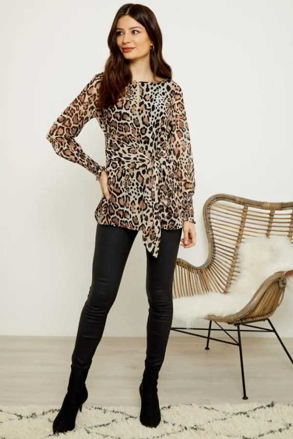 Sosandar Tops Women Leopard Print Tie Front Top