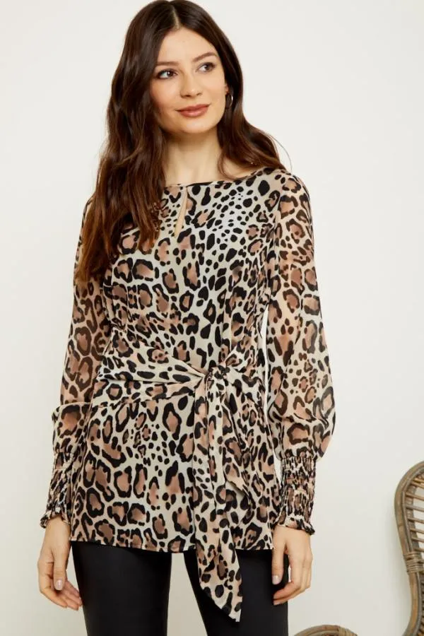 Sosandar Tops Women Leopard Print Tie Front Top