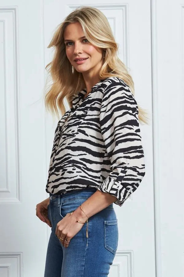 Sosandar Tops Women Natural Zebra Print Pocket Detail Longline Shirt