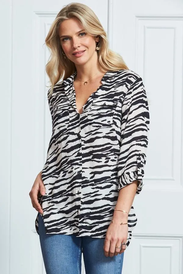 Sosandar Tops Women Natural Zebra Print Pocket Detail Longline Shirt