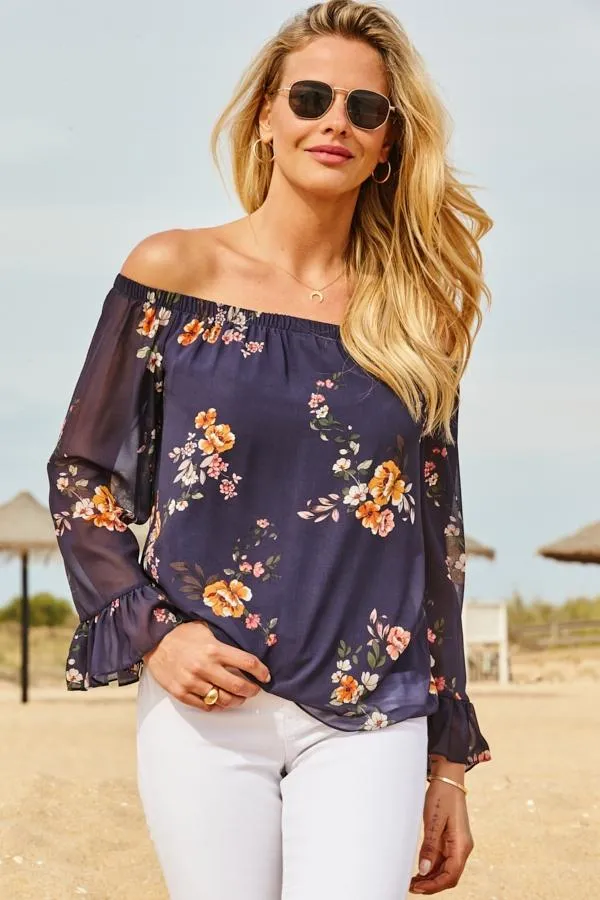 Sosandar Tops Women Navy Blue Floral Print Sheer Sleeve Bardot Top Navy Blue