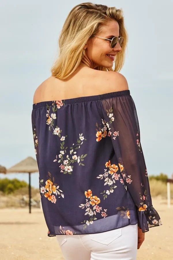 Sosandar Tops Women Navy Blue Floral Print Sheer Sleeve Bardot Top Navy Blue