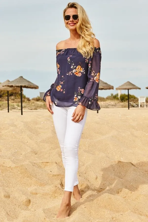 Sosandar Tops Women Navy Blue Floral Print Sheer Sleeve Bardot Top Navy Blue