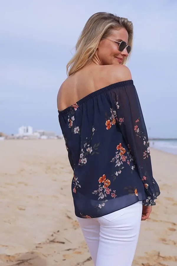 Sosandar Tops Women Navy Blue Floral Print Sheer Sleeve Bardot Top Navy Blue
