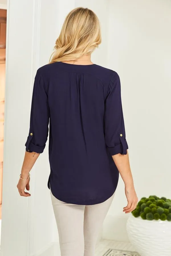 Sosandar Tops Women Navy Blue Gold Zip Detail Longline Tunic Top Navy Blue