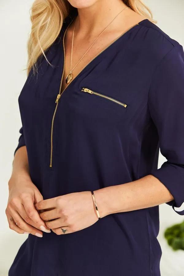 Sosandar Tops Women Navy Blue Gold Zip Detail Longline Tunic Top Navy Blue