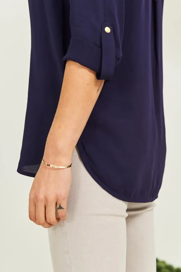 Sosandar Tops Women Navy Blue Gold Zip Detail Longline Tunic Top Navy Blue
