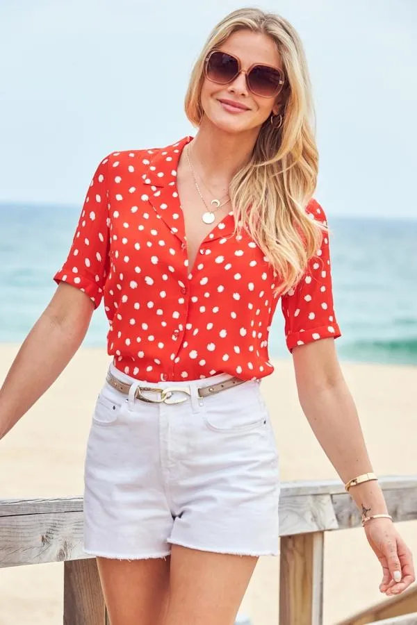 Sosandar Tops Women Red and White Spot Print Short Sleeve Relaxed Fit Shirt Red White