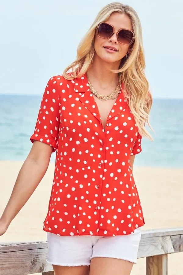Sosandar Tops Women Red and White Spot Print Short Sleeve Relaxed Fit Shirt Red White