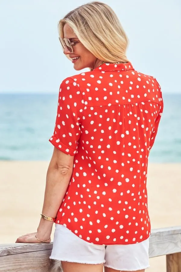 Sosandar Tops Women Red and White Spot Print Short Sleeve Relaxed Fit Shirt Red White