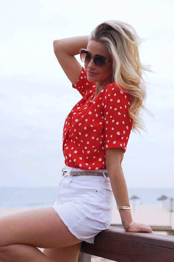 Sosandar Tops Women Red and White Spot Print Short Sleeve Relaxed Fit Shirt Red White
