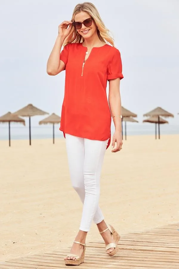 Sosandar Tops Women Red Zip Front Short Sleeve Tunic Top Red