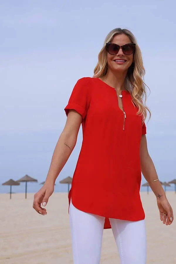 Sosandar Tops Women Red Zip Front Short Sleeve Tunic Top Red