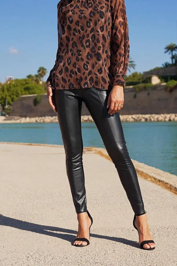 Sosandar Trousers and Leggings Women Black Leather Look Seam Detail Premium Leggings Black