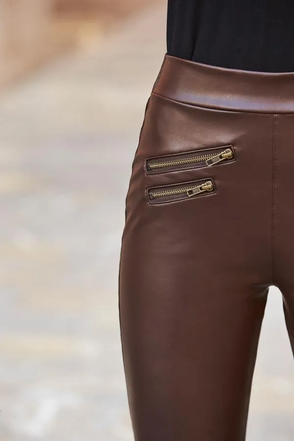 Sosandar Trousers and Leggings Women Chocolate Brown Leather Look Premium Leggings Chocolate Brown