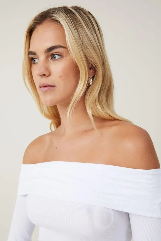Staple Rib Off Shoulder Long Sleeve Top White Women Cotton On Tops