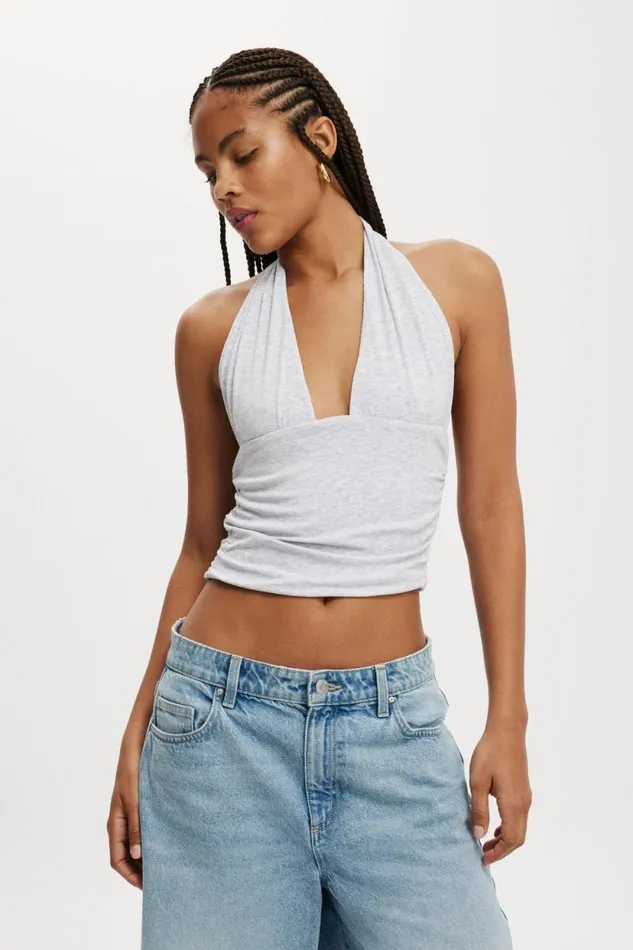 Staple Rib Rouched Halter Top Grey Marle Women Cotton On Tops