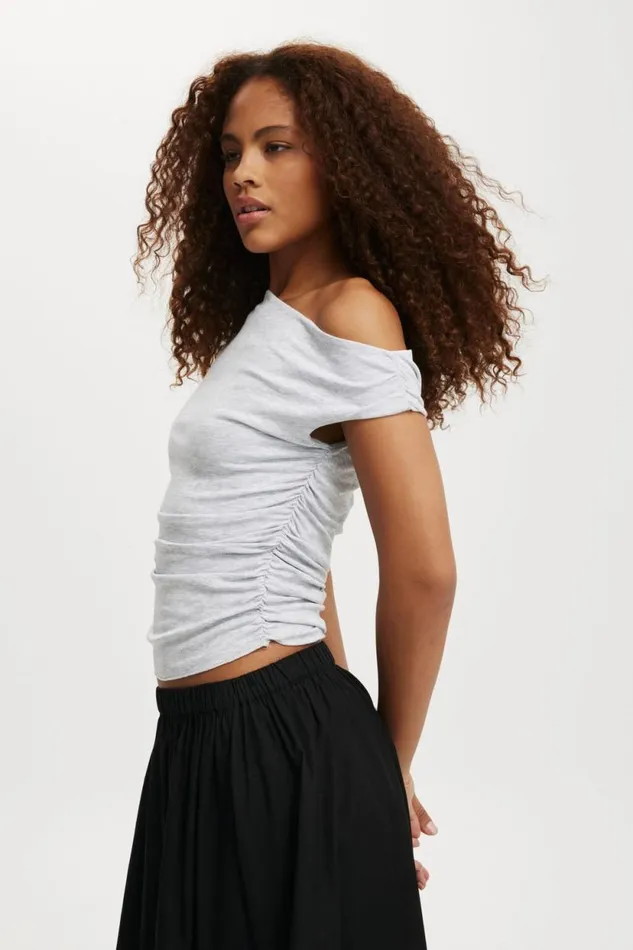Staple Rib Rouched Short Sleeve Top Grey Marle Women Cotton On Tops