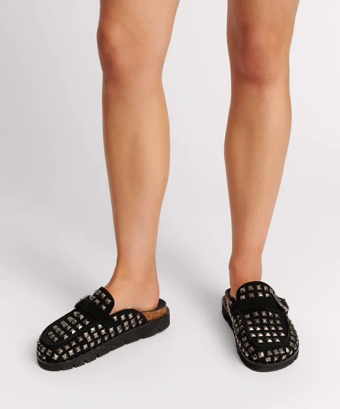STUDDED BLACK PHOENIX SLIDES Women One Teaspoon Footwear