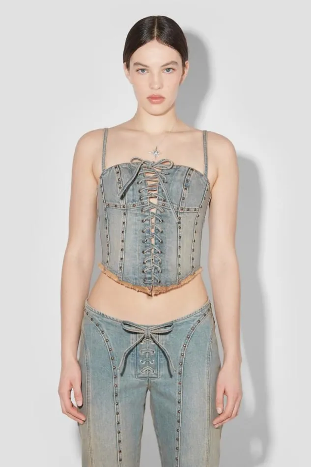 Sunset Wash Lara Laced Studded Denim Corset Blue Women MISBHV Tops