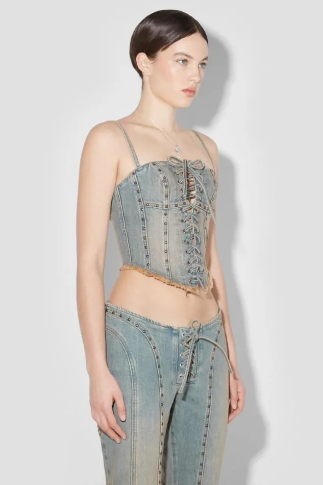 Sunset Wash Lara Laced Studded Denim Corset Blue Women MISBHV Tops