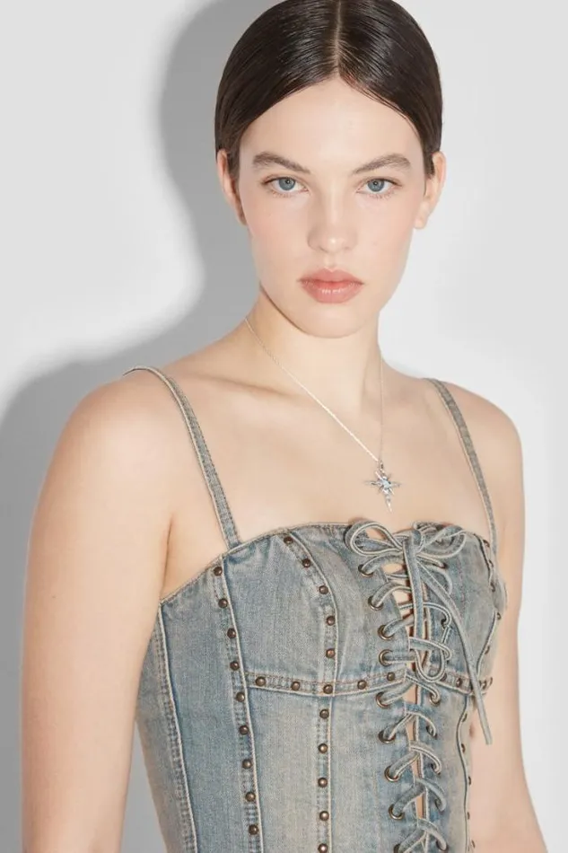Sunset Wash Lara Laced Studded Denim Corset Blue Women MISBHV Tops