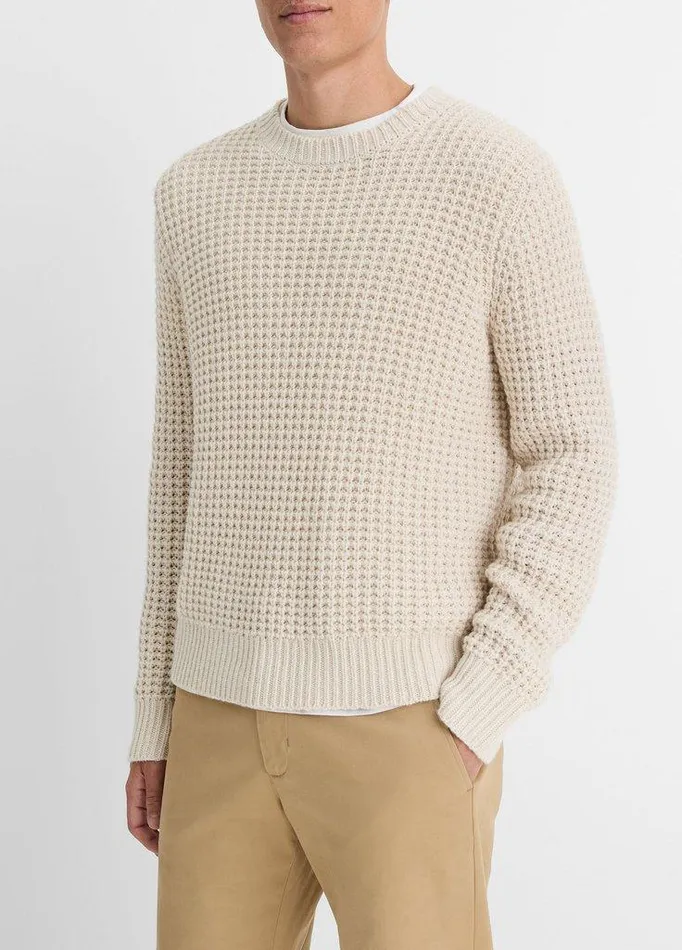 Sweaters Men Vince MacroWaffle Crew Neck Sweater Pebble White Sweaters Men Vince MacroWaffle Crew Neck Sweater Pebble White