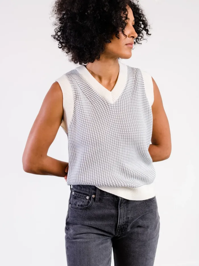 Sweaters Women Able Liza Vneck Sweater Vest Slate BlueAlmond Stripe
