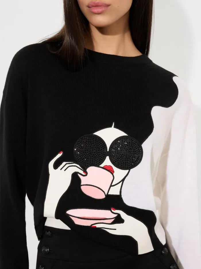 Sweaters Women Alice Olivia GLEESON STACEFACE PULLOVER Blacksoft White Multi