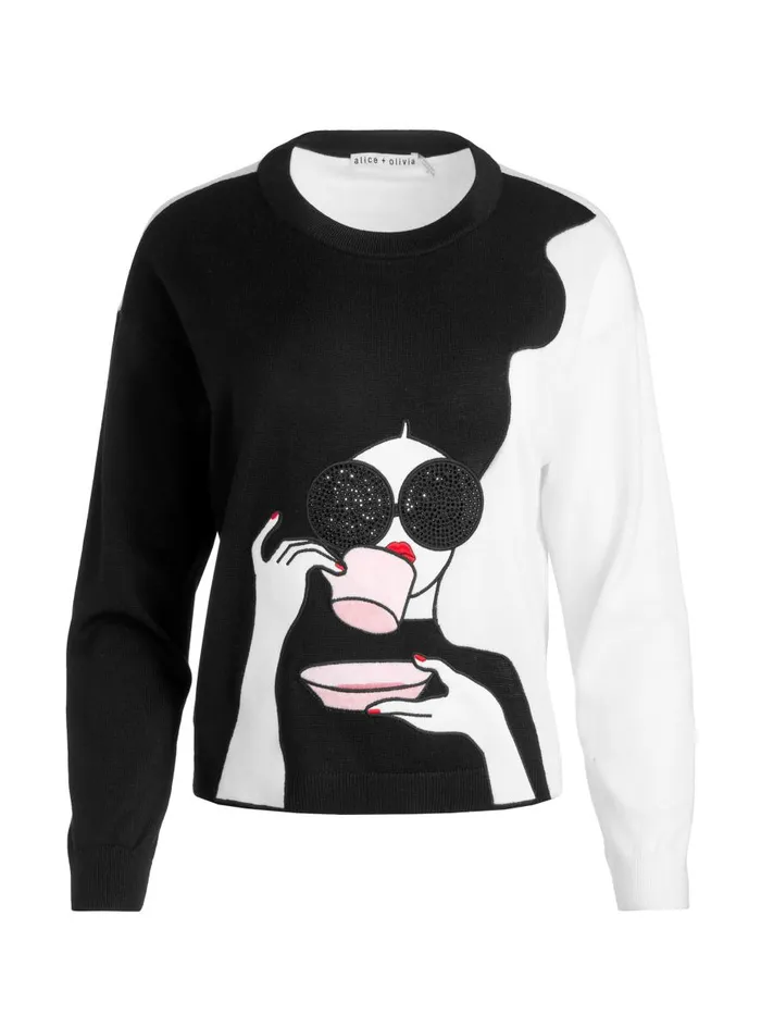 Sweaters Women Alice Olivia GLEESON STACEFACE PULLOVER Blacksoft White Multi
