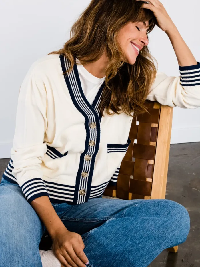 Sweaters Women Madilyn Varsity Cardigan Antique WhiteMidnight Able