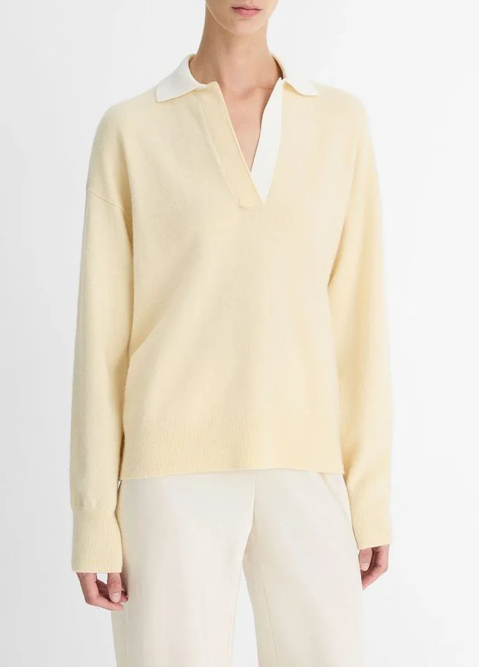 Sweaters Women Vince ContrastCollar WoolBlend Polo Sweater Butteroff White Sweaters Women Vince ContrastCollar WoolBlend Polo Sweater Butteroff White