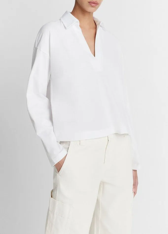 TShirts Women Vince Easy Pima Cotton LongSleeve Polo Shirt Optic White TShirts Women Vince Easy Pima Cotton LongSleeve Polo Shirt Optic White
