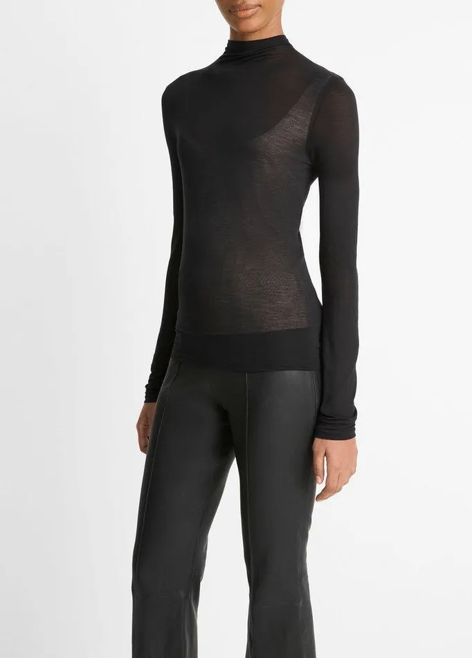 TShirts Women Vince Sheer LongSleeve MockNeck Top Black TShirts Women Vince Sheer LongSleeve MockNeck Top Black