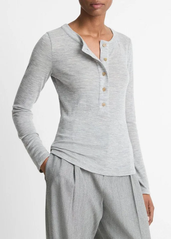 TShirts Women Vince Wool LongSleeve Henley Heather Stone Grey