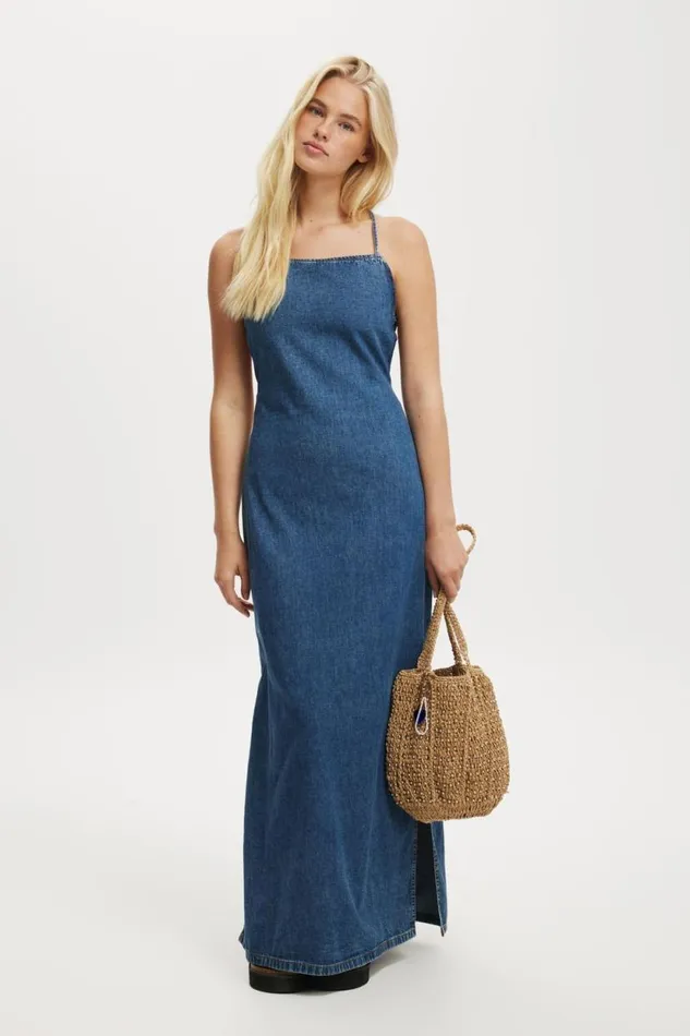 Tate Denim Maxi Dress Sea Blue Women Cotton On Skirts