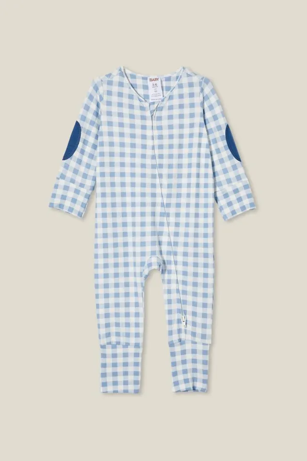 The Billie Long Sleeve Zip Romper Dusty Bluegingham Baby Cotton On Rompers and Bubbysuits The Billie Long Sleeve Zip Romper Dusty Bluegingham Baby Cotton On Rompers and Bubbysuits
