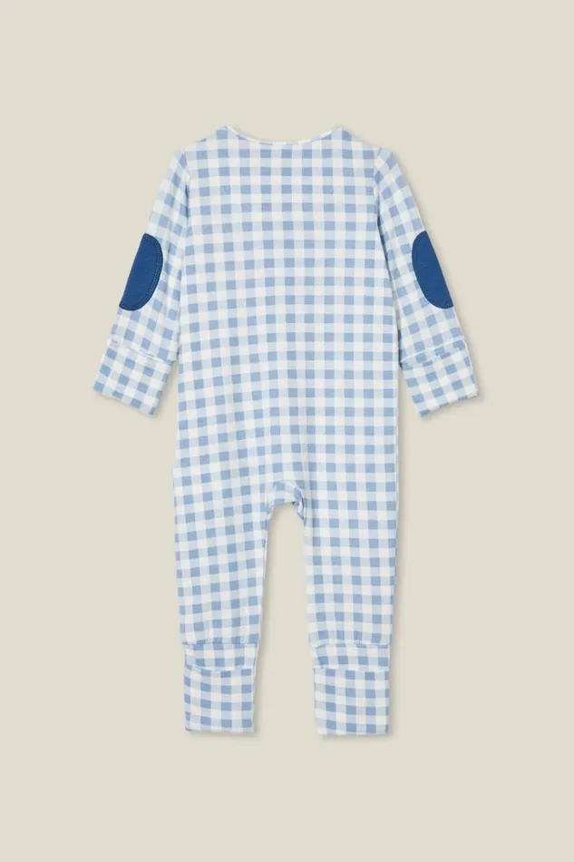The Billie Long Sleeve Zip Romper Dusty Bluegingham Baby Cotton On Rompers and Bubbysuits The Billie Long Sleeve Zip Romper Dusty Bluegingham Baby Cotton On Rompers and Bubbysuits