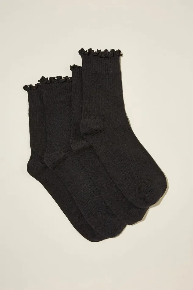 The Perfect Pair Frill Rib Crew Sock 2Pk Black Women Cotton On Socks