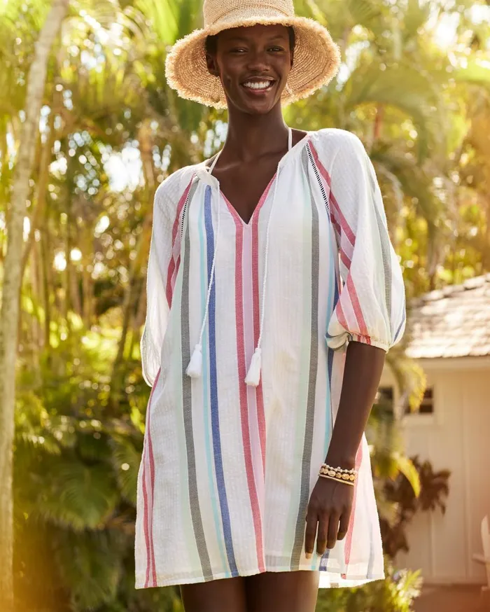Tommy Bahama MultiStripe Coverup Dress White Women Dresses