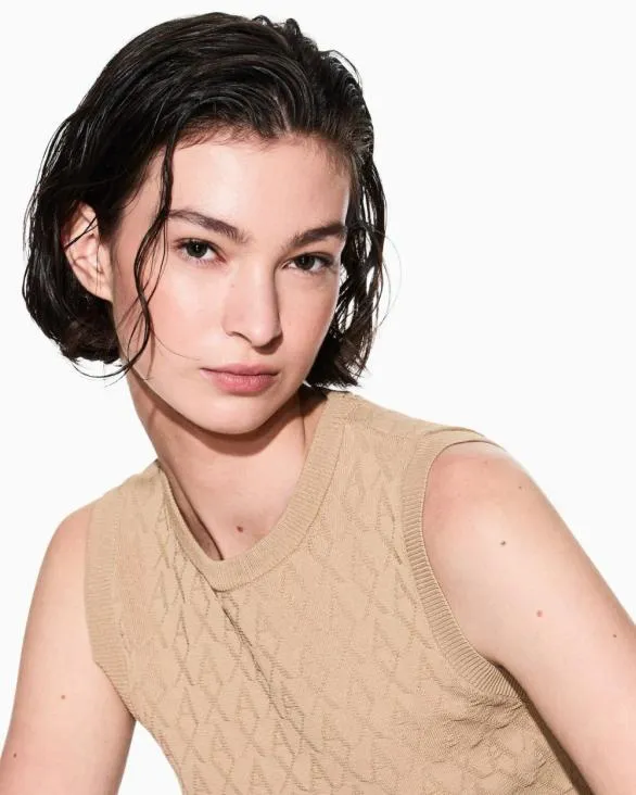 Top With Allover Logo Camel Women Armani Knitwear Top With Allover Logo Camel Women Armani Knitwear