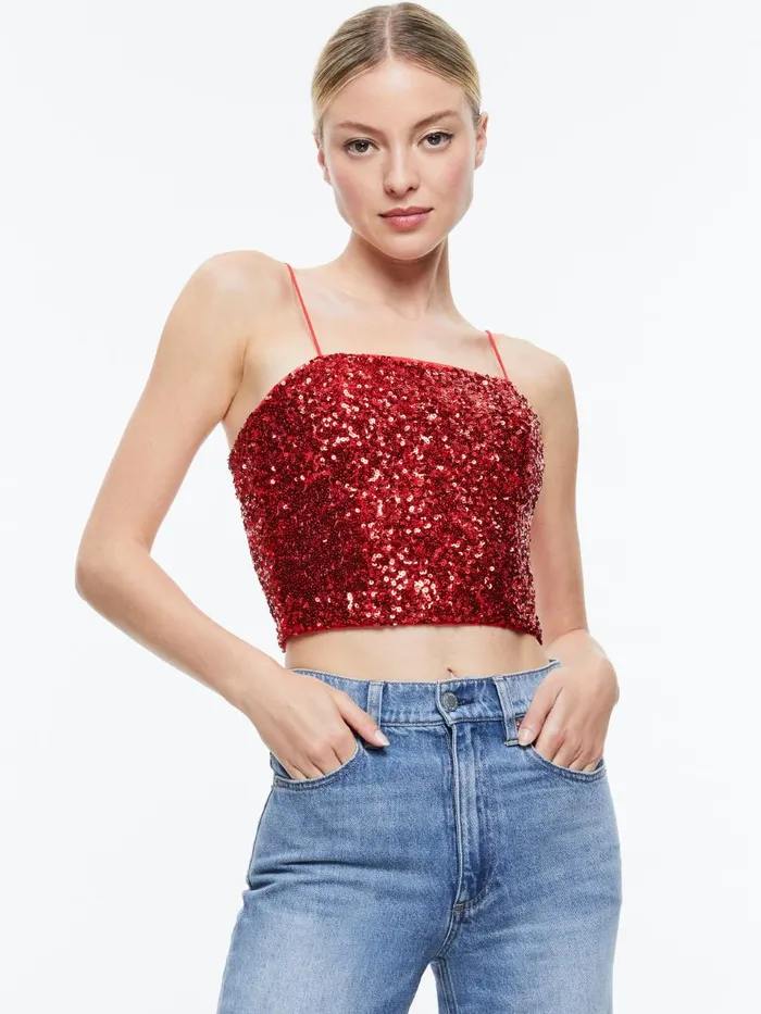 Tops Women Alice Olivia CERESI SEQUIN BANDEAU TOP Red Apple