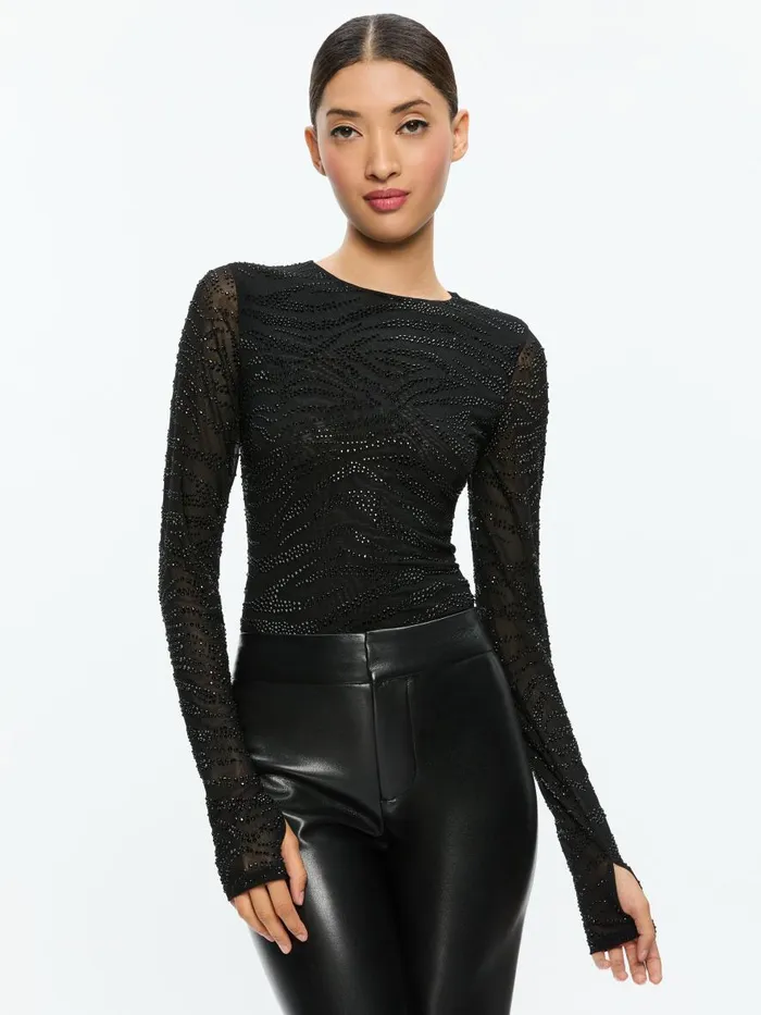 Tops Women Alice Olivia DELAINA EMBELLISHED CREW NECK LONG SLEEVE TOP Zebrablack Tops Women Alice Olivia DELAINA EMBELLISHED CREW NECK LONG SLEEVE TOP Zebrablack