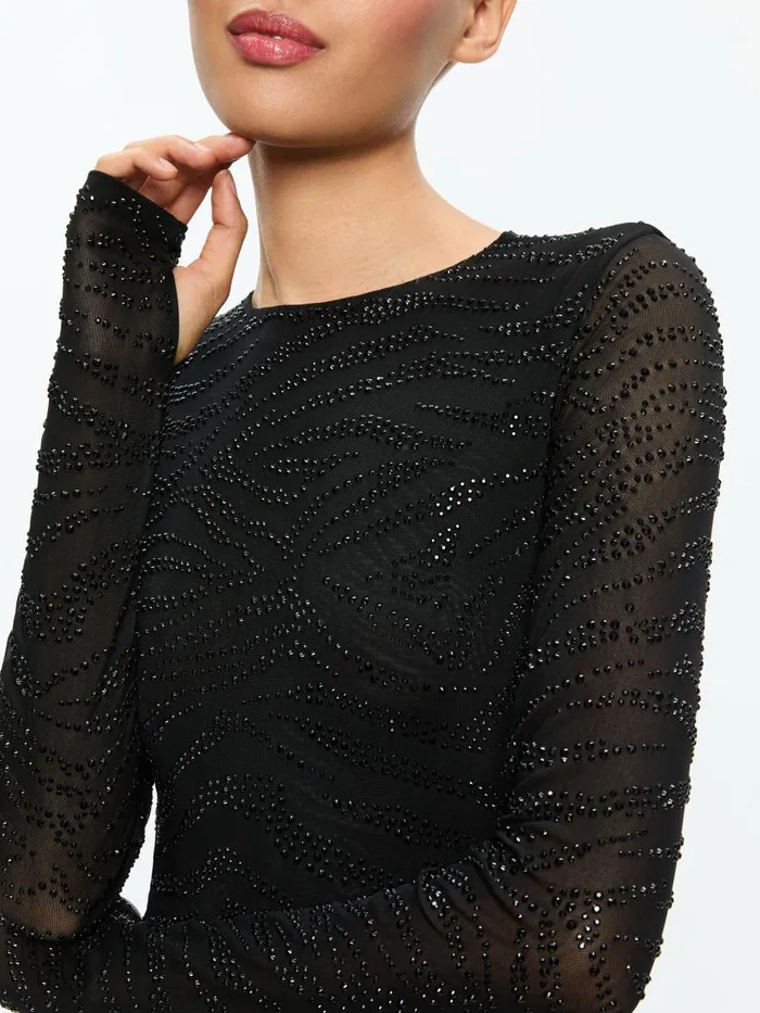 Tops Women Alice Olivia DELAINA EMBELLISHED CREW NECK LONG SLEEVE TOP Zebrablack