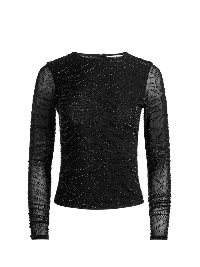 Tops Women Alice Olivia DELAINA EMBELLISHED CREW NECK LONG SLEEVE TOP Zebrablack