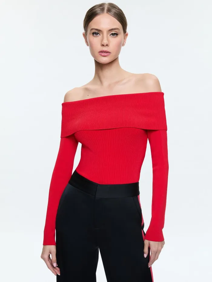 Tops Women Alice Olivia DOLAN FOLDOVER LONG SLEEVE PULLOVER Bright Ruby